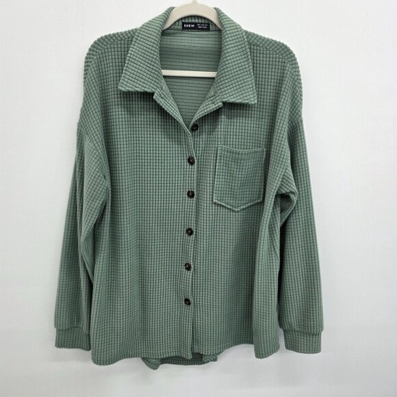 Green Waffle Knit Button-Up Shirt w/Chest Pocket & Long Sleeves Relaxed Fit - Picture 3 of 12